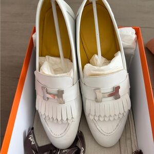 Hermes White Loafers with Silver Accent